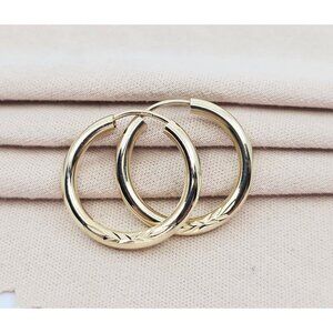 Unique Small 14K Karat Solid Yellow Gold Designer Diamond Cut Tube Hoop Earrings